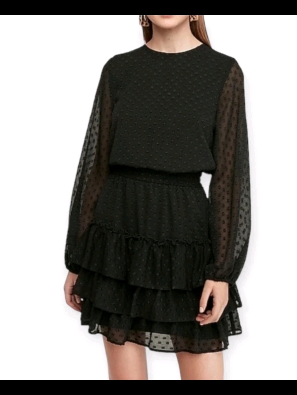 EXPRESS | M| Black Clip Dot Long Sleeve Tiered Ruffle Short Mini Dress.